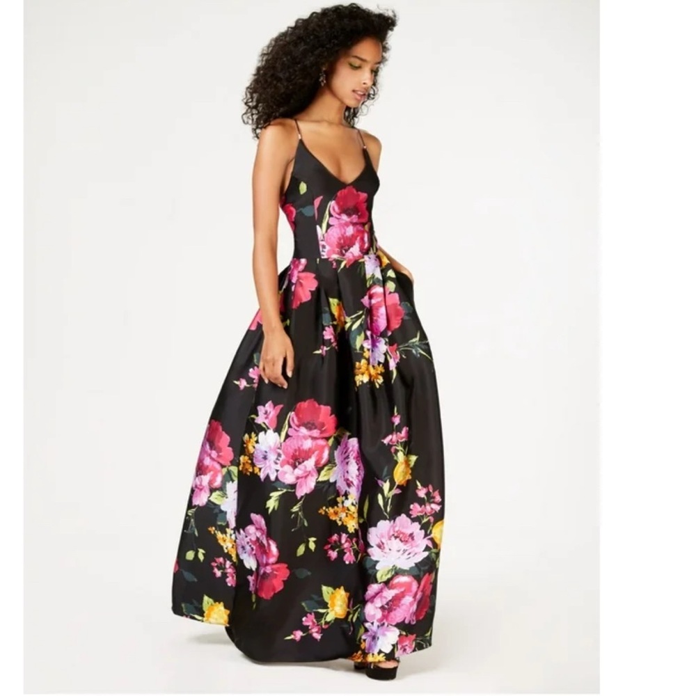 BCX Black Floral Spaghetti Strap Fit and Flare Maxi Dress Size 5 Whimsigoth